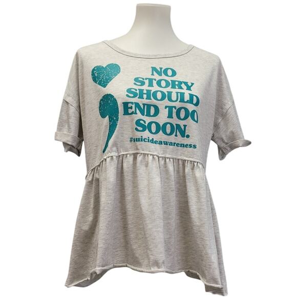 Hand Printed Upcycled Women Large No Story Should End Soon Suicide Awareness Top - Picture 1 of 4